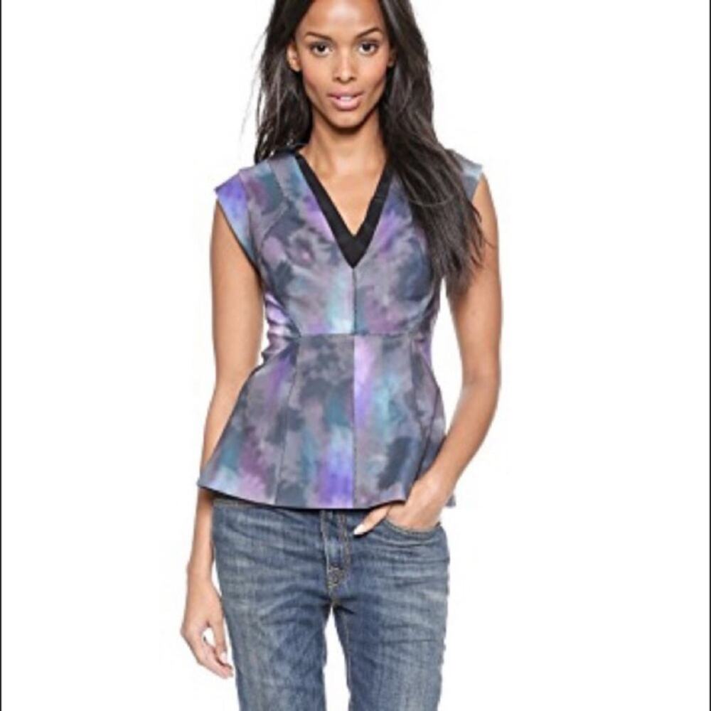 Rebecca Taylor Top Short Sleeve Floral Haze VNeck Purple Black NWT